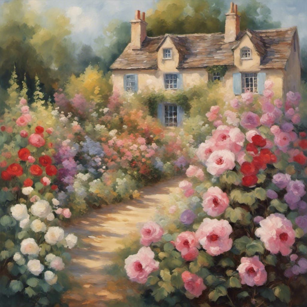 Cotswold Cottage Flower Garden in Impressionist Style