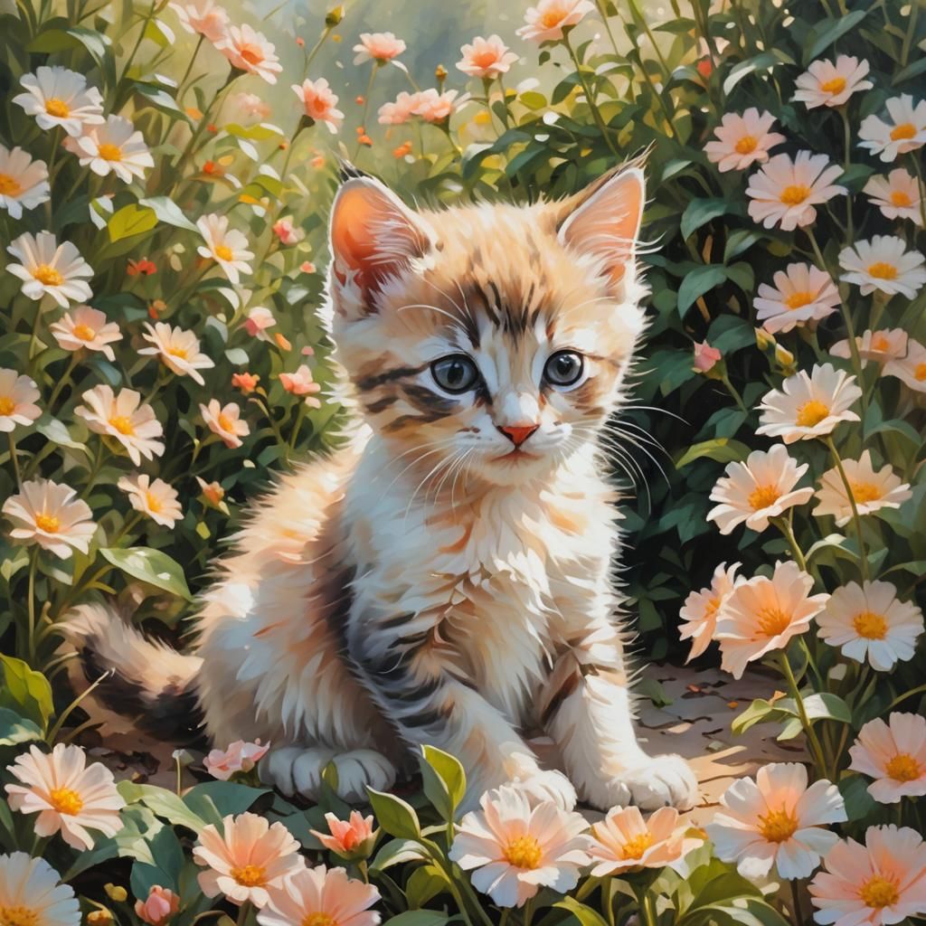 Impressionist Kitten in a Flower Garden
