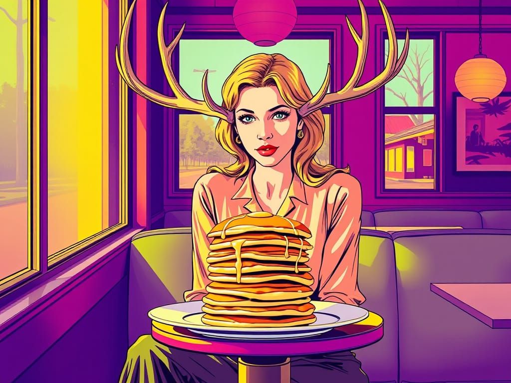A Blonde Woman in a Café, Surrounded by Vibrant Pancakes in ...