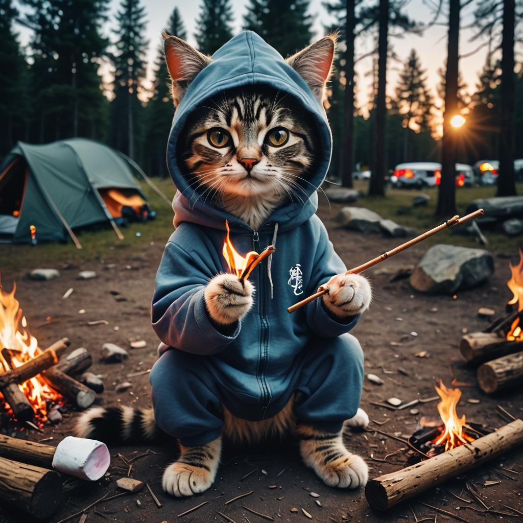 Cute Cat Camping at Night: Digital Art