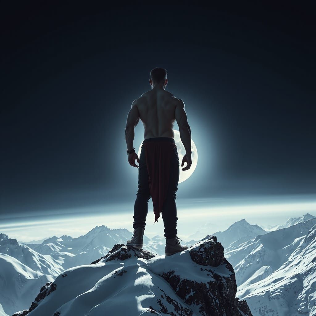 Silhouetted Figure on Snowy Peak in Concept Art Style