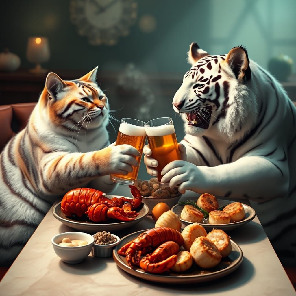Surreal Cat and Tiger Enjoy Seafood Feast in Pop Art Style
