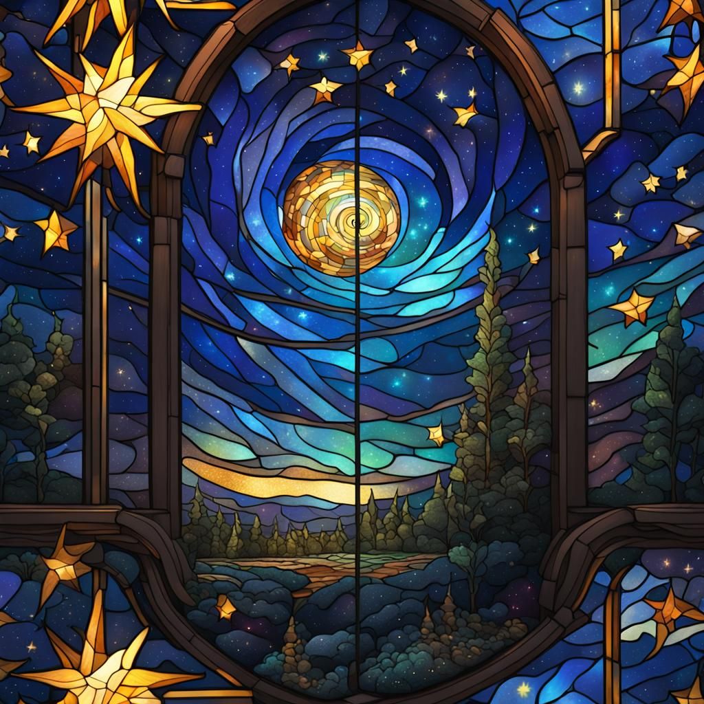 Stained Glass Starry Night with Comet