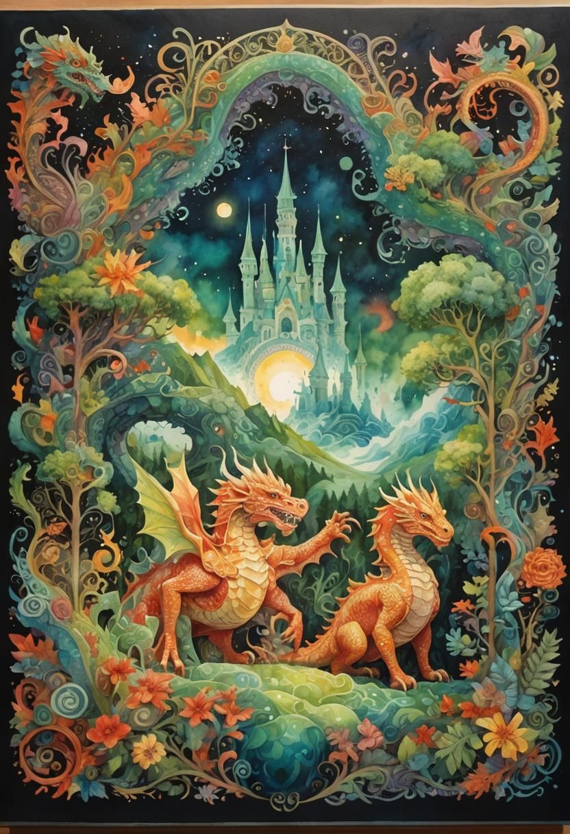 Knight and Dragon Battle in Watercolor Wonderland