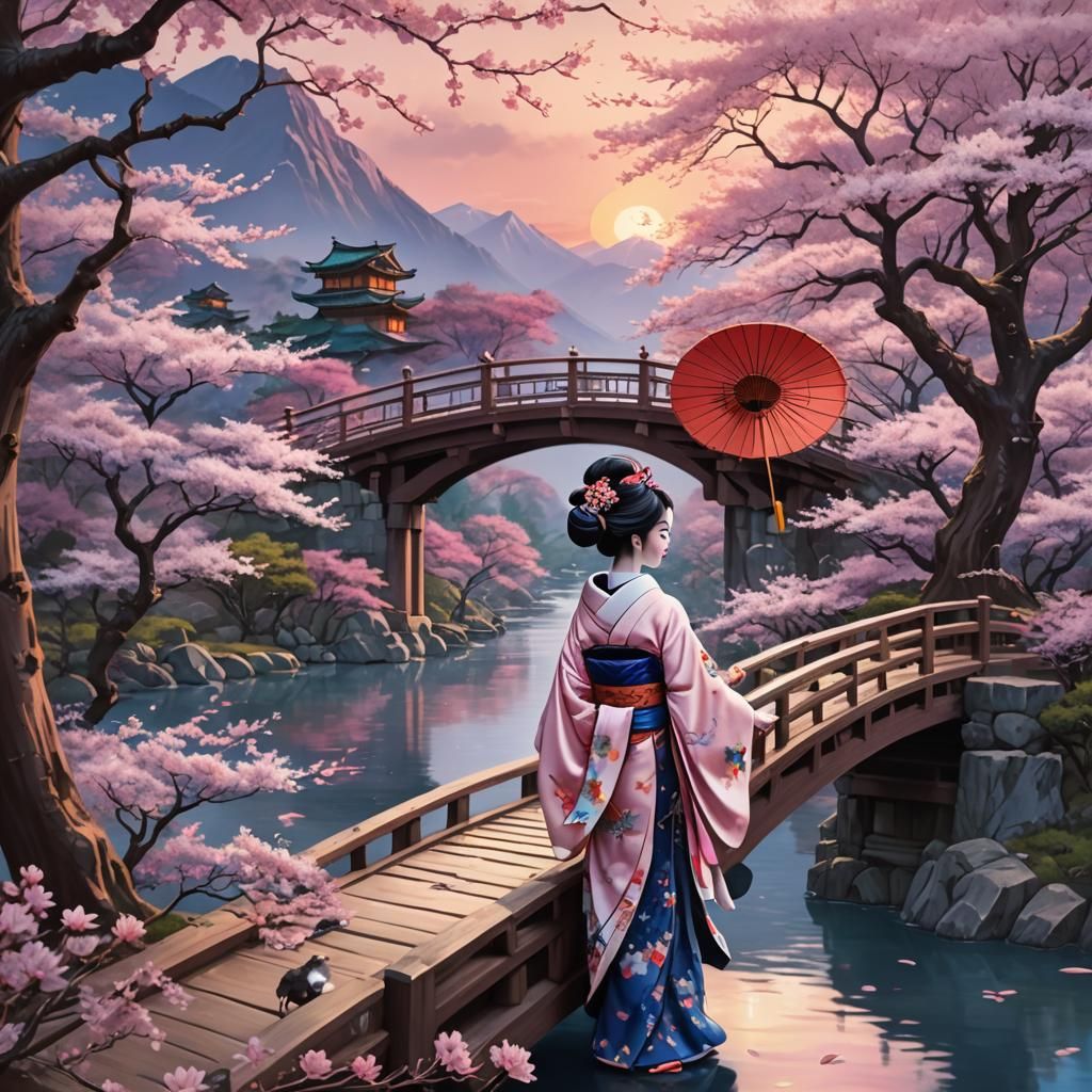 Geisha with Parasol at Cherry Blossom Time