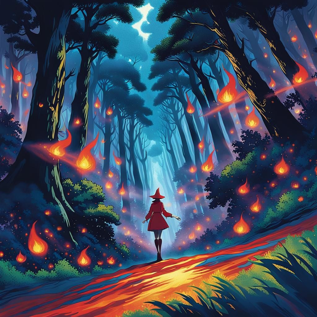 Anime Witch Conjuring Flames in Mystical Forest