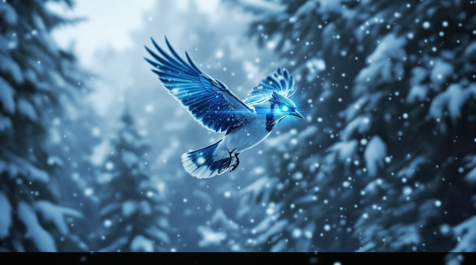 Majestic Bluejay Flies Through Snowy Blizzard Forest