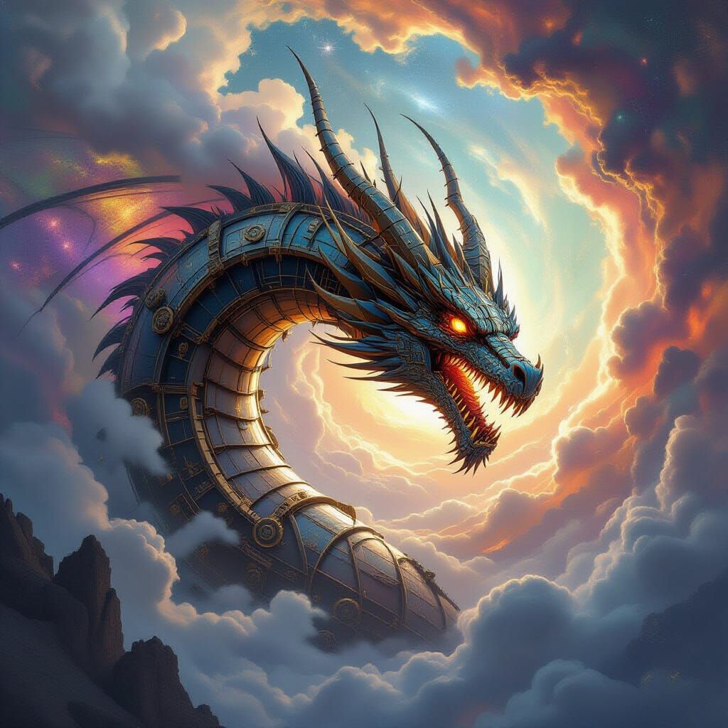 Clockwork Dragon Emerges from Starlight Vortex