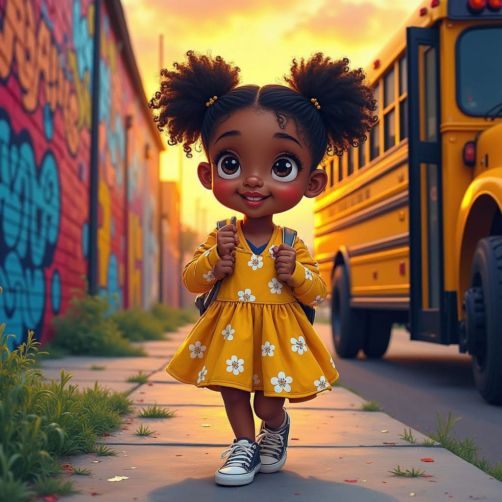Little Black Girl Stepping Off the School Bus into a Vibrant...