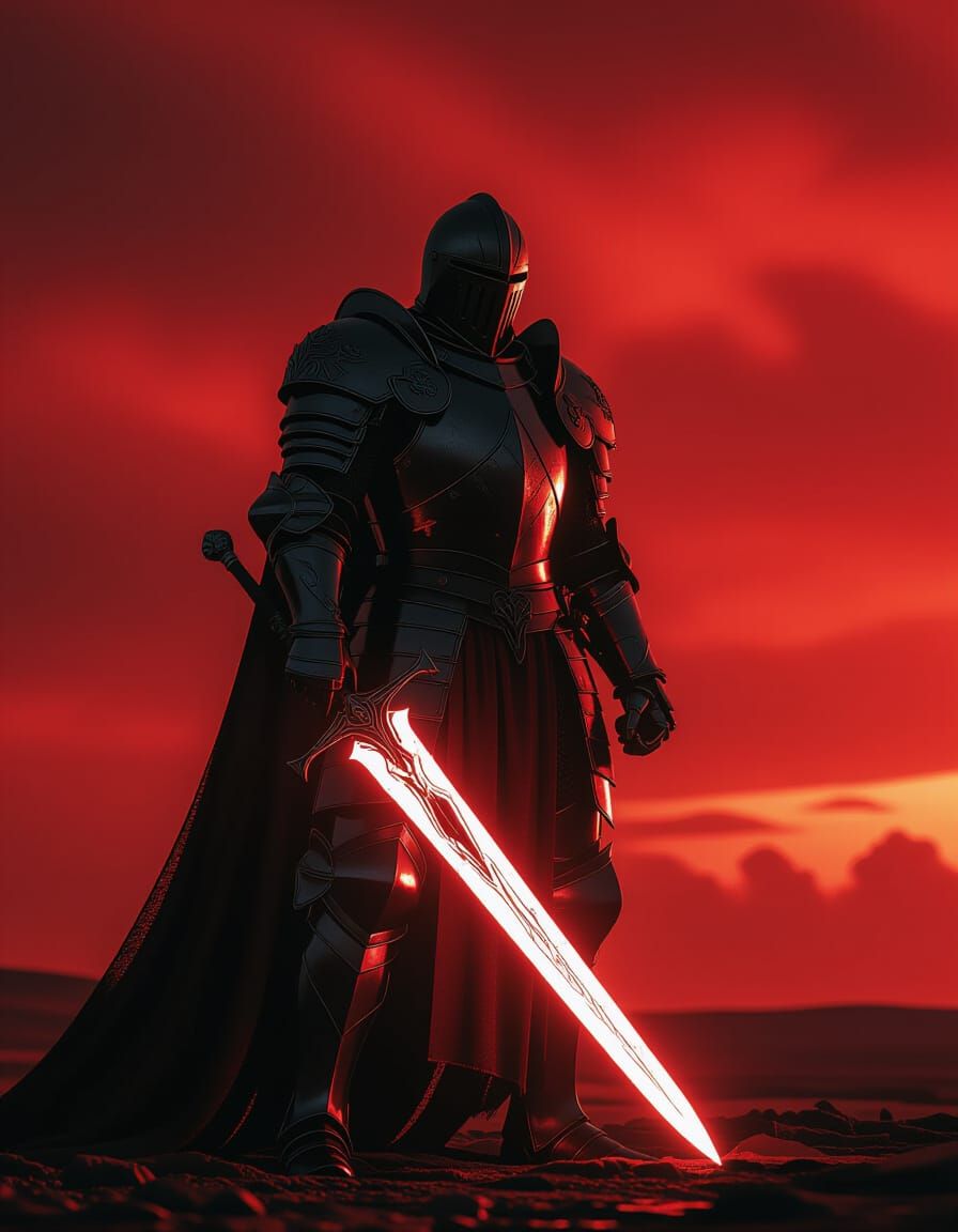Obsidian Knight Under Blood-Red Sky