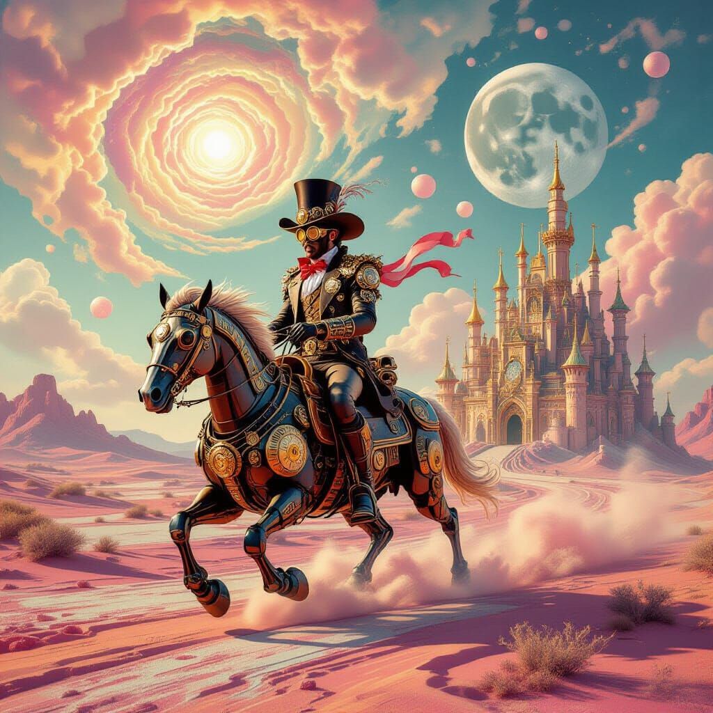 Steampunk Cowboy Rides Mechanical Horse in Candy Desert