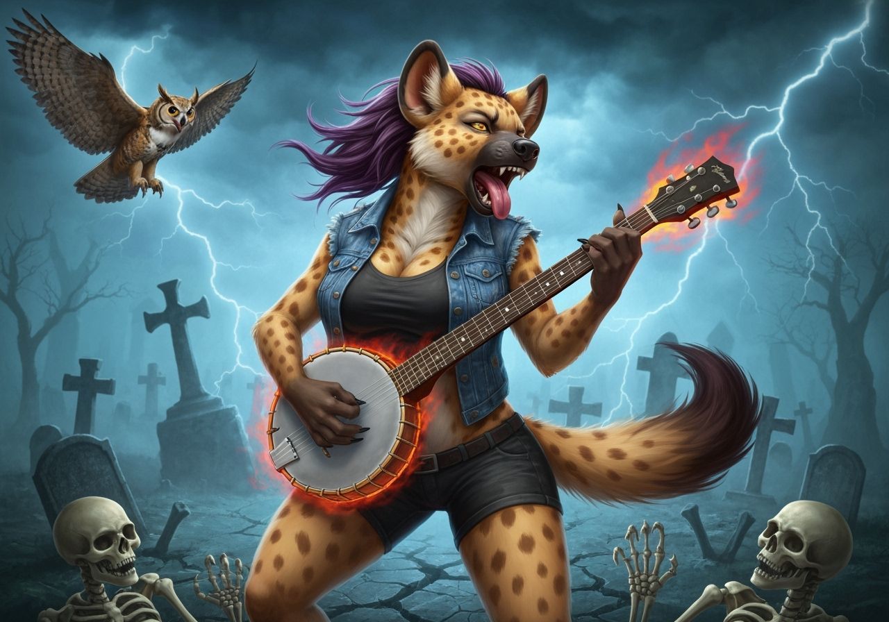 Anthropomorphic Hyena Shreds Banjo in Gothic Graveyard Storm
