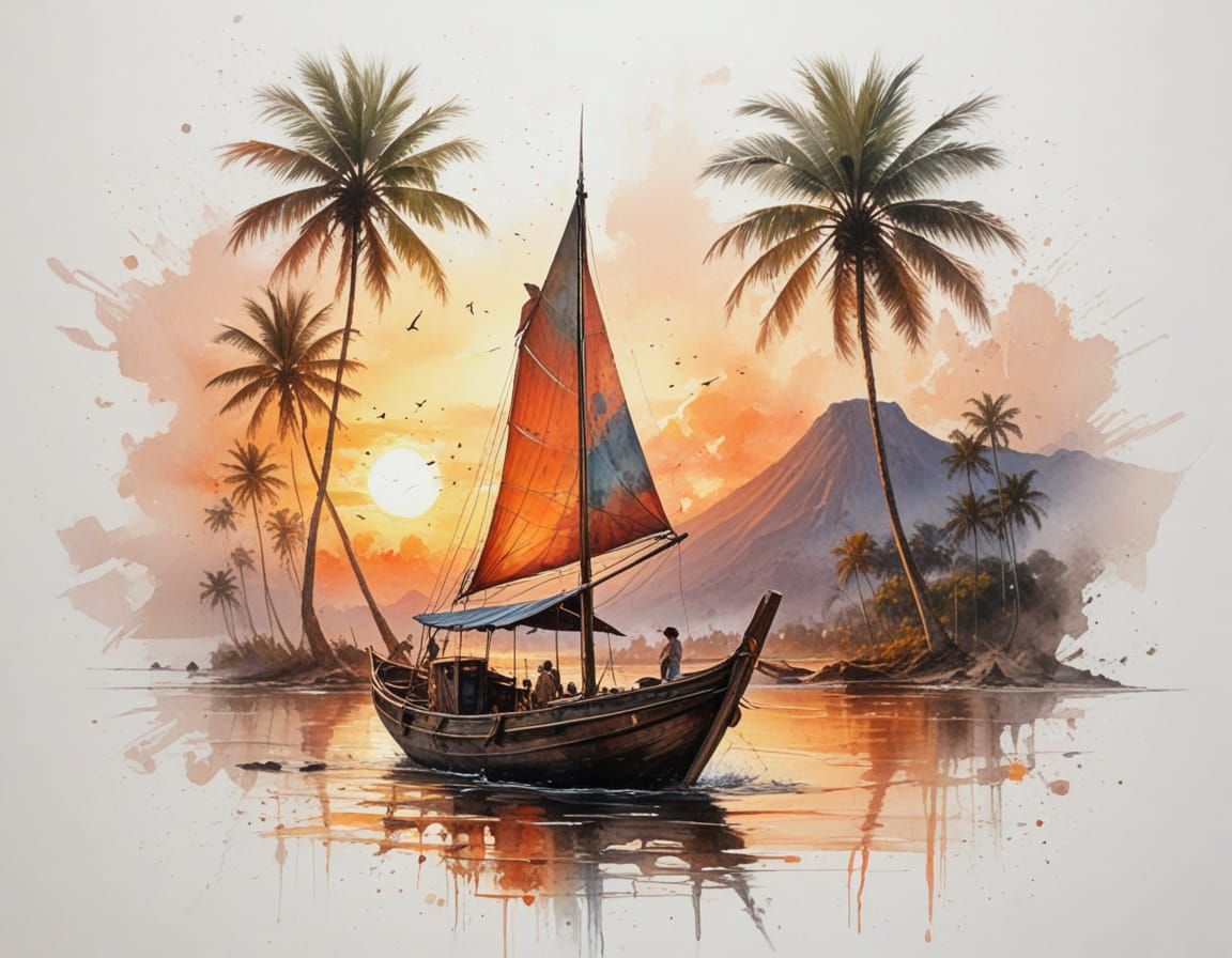 Indonesian Sunset With Traditional Boat and Volcanic Glow