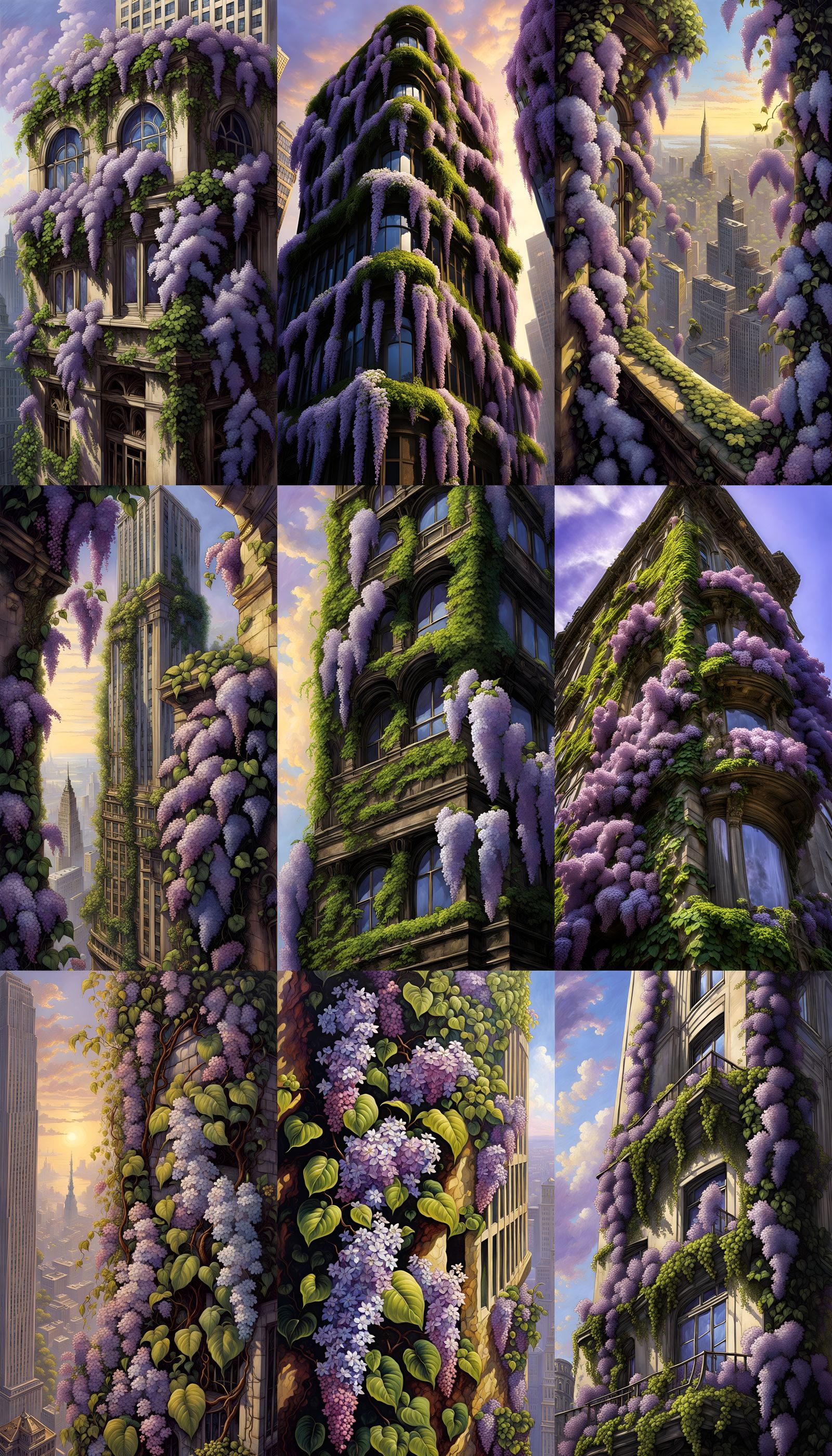 Lilac Vines Scale Skyscraper in Surrealist Style