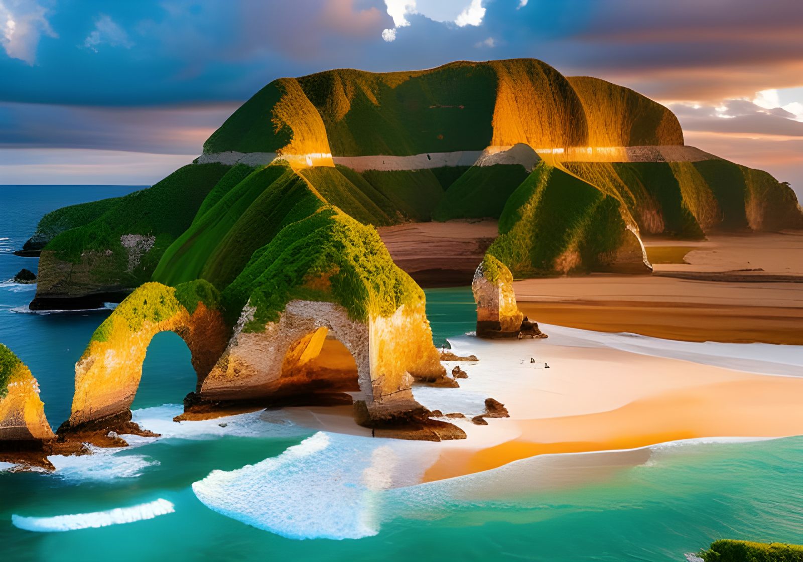 Panorama from far offshore of a lush tropical island - 3545
