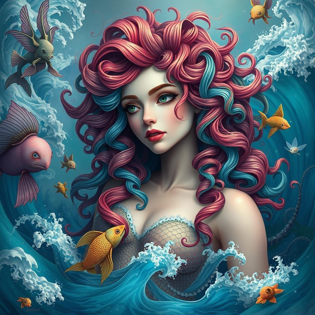 Mermaid with Fantasy Curls in Surreal Sea Landscape
