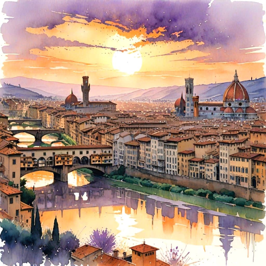Florence at Golden Hour: Watercolour Panorama