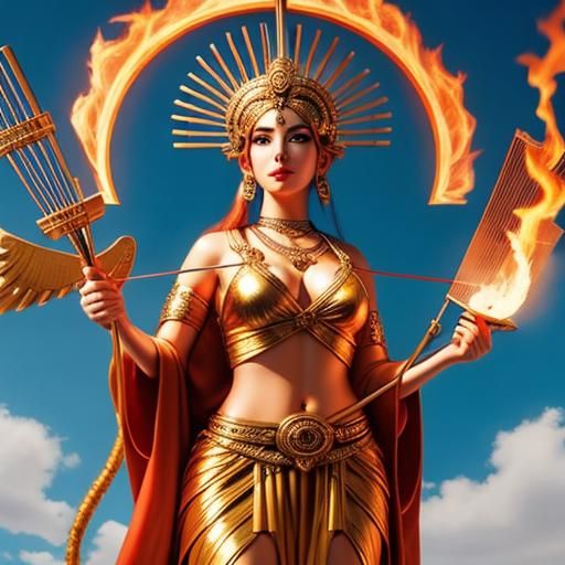 Goddess, holding a flaming lyre, no statues