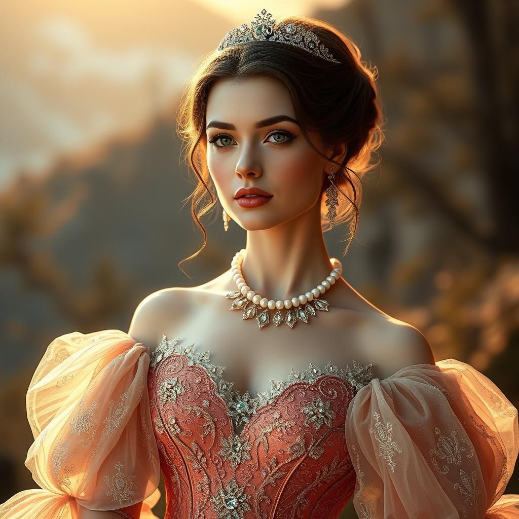 Regal Woman in Lavish Gown with Sparkling Details