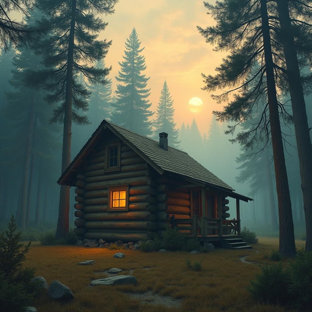 Secluded Log Cabin in Misty Forest, Matte Painting