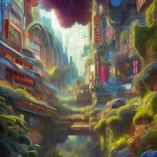 Futuristic Cityscape with Flora in Comic Book Style