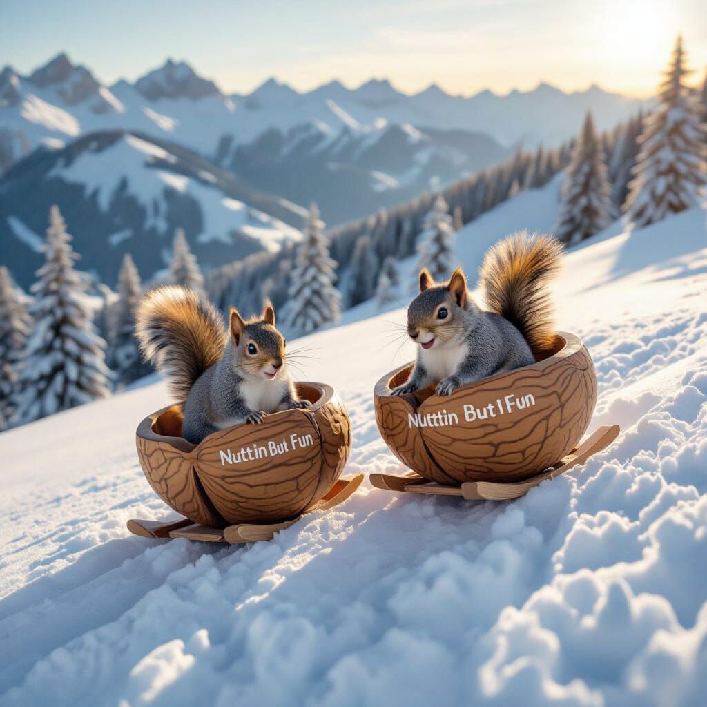 Squirrels Sledding Down Mountain in Walnut Shells