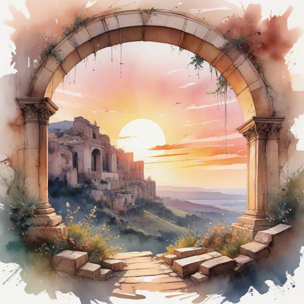 Ancient Amphitheater Illuminated by a Vibrant Sunset