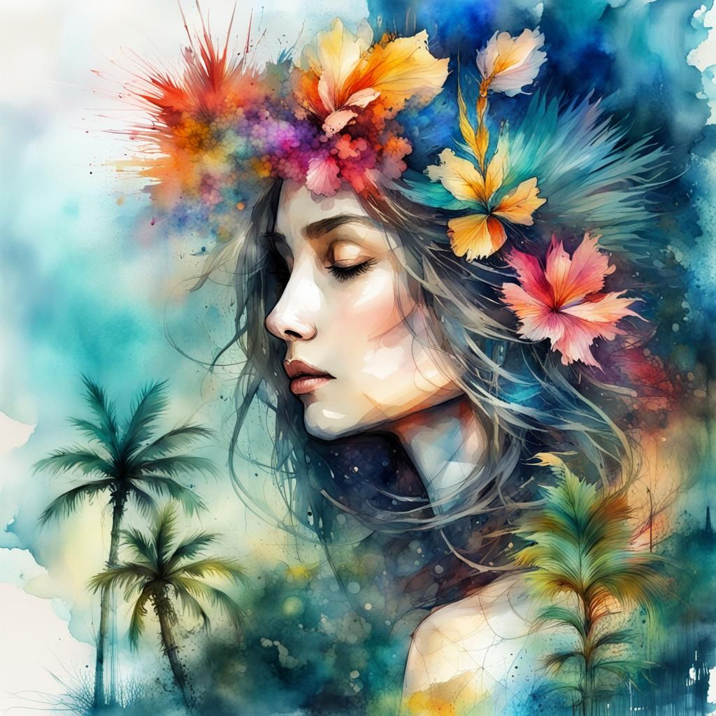 Tropical Seascape Sunset: Digital Watercolor Lighthouse Illu...