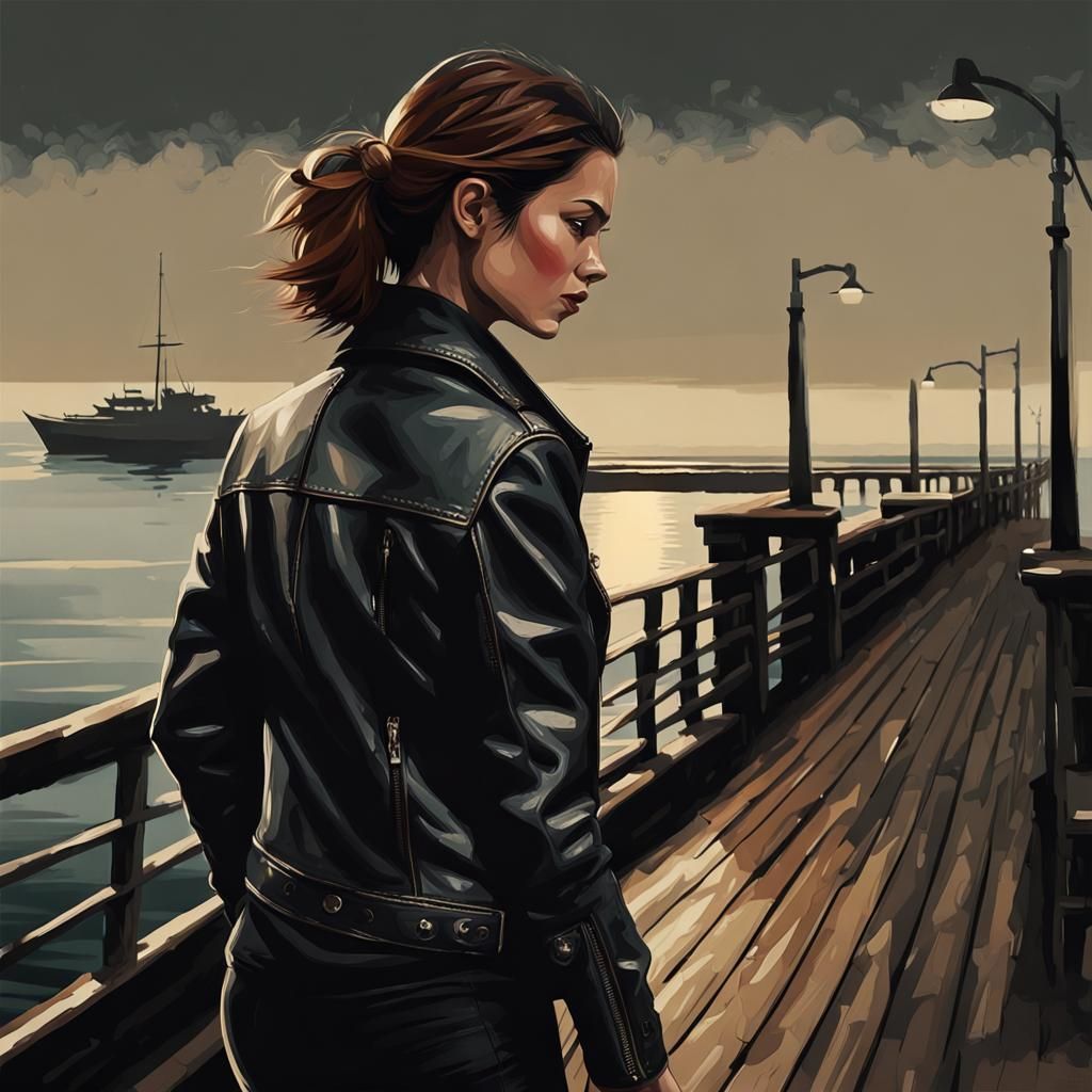 Woman with Handgun on Dark Pier: Digital Illustration