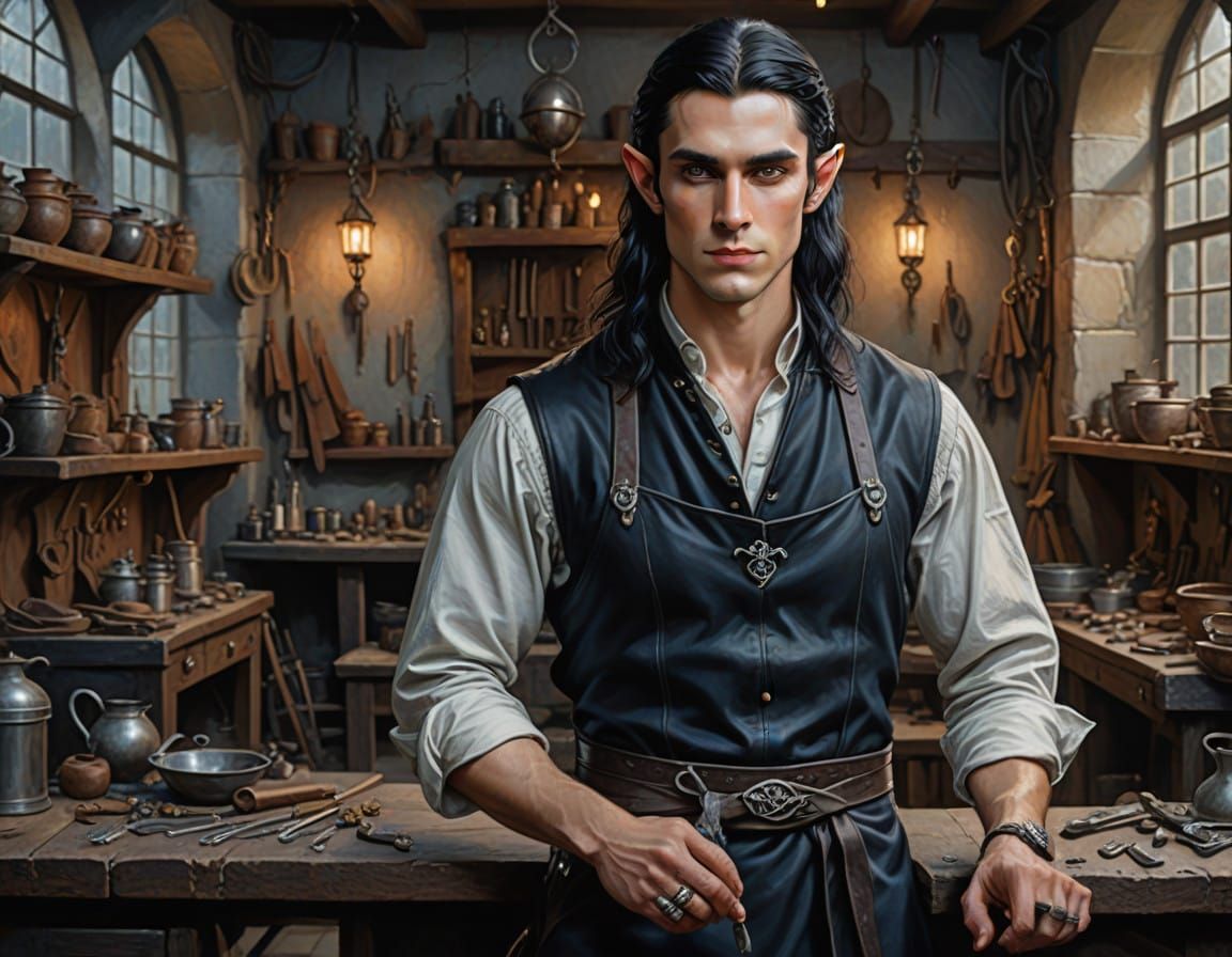 Handsome Androgynous Elf in Jeweler Workshop: Oil Painting