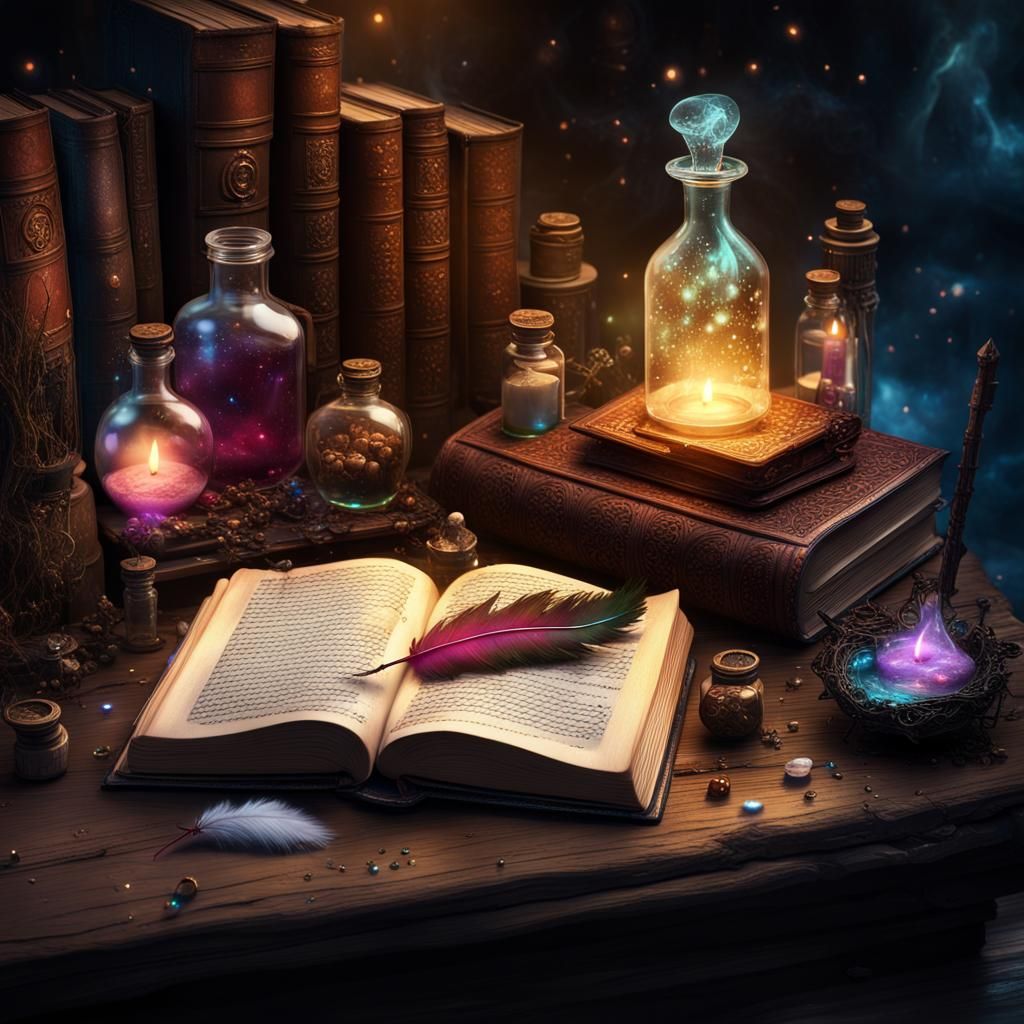 Fairy's Magic Book with Potions and Glowing Particles