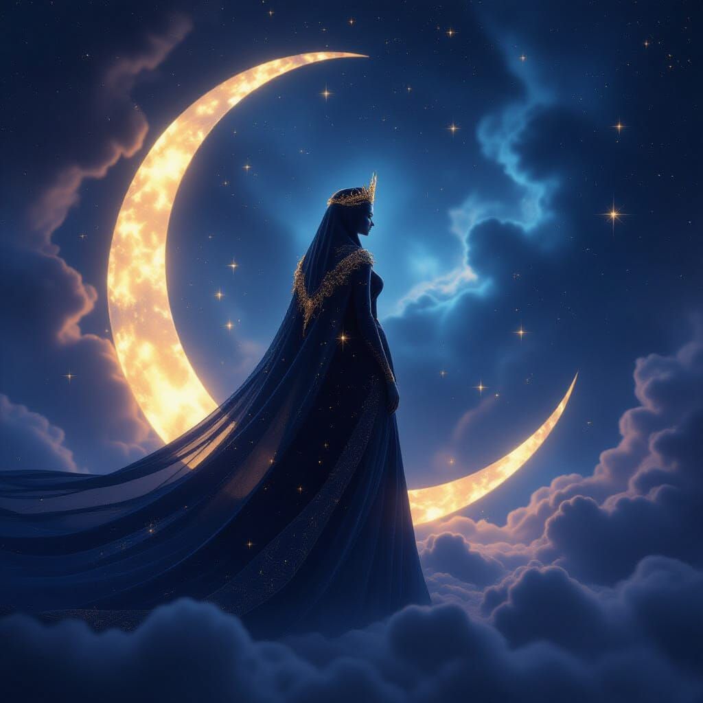 Cosmic Queen on Moon Amidst Nebula