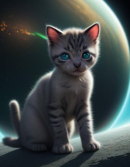 Hyperrealistic Kitten with Shining Eyes on Alien Planet