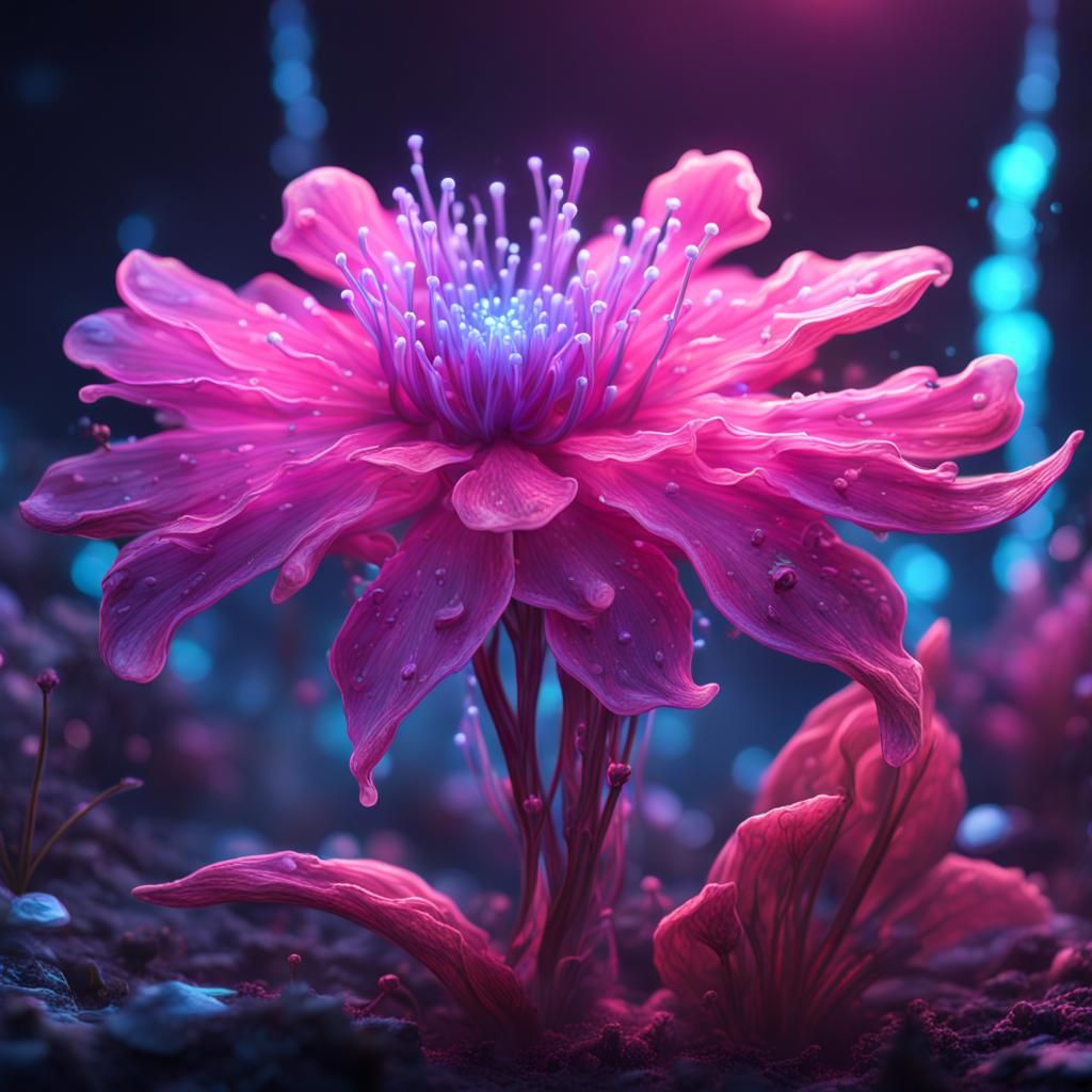 Bioluminescent Flower in Neon Watercolor Style