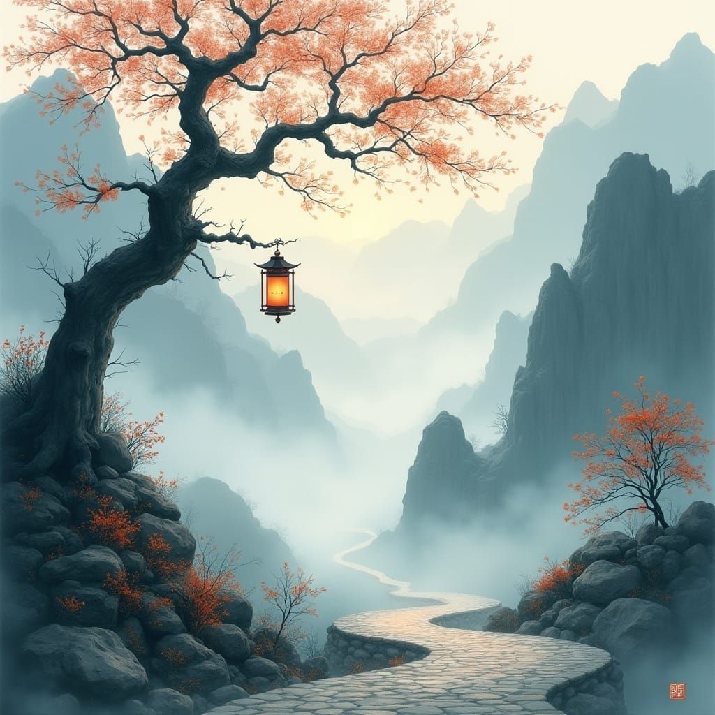 Misty Mountain Path in Chinese Ink Wash Style