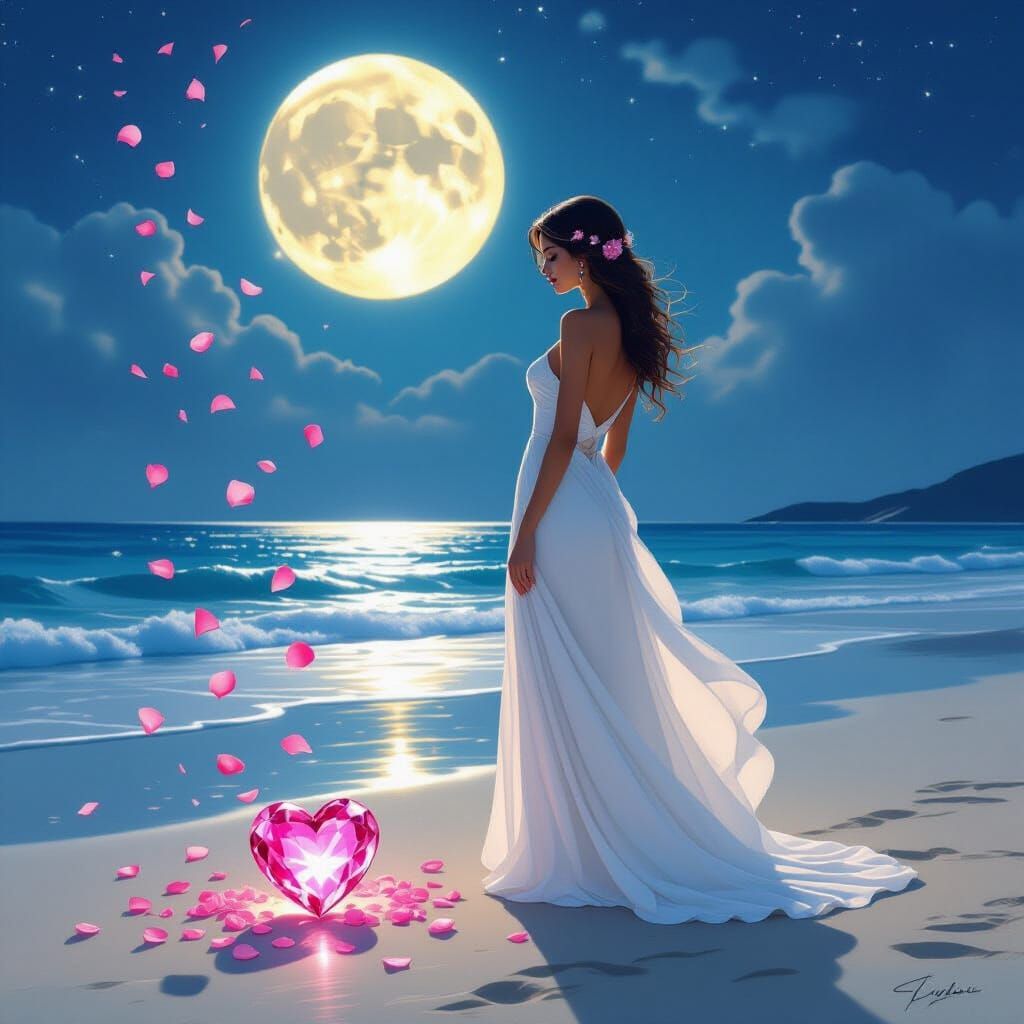 Woman on Beach with Diamond Heart, in Art Nouveau Style