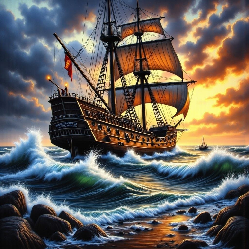 Ship at Sea in Impressionist Oil Painting