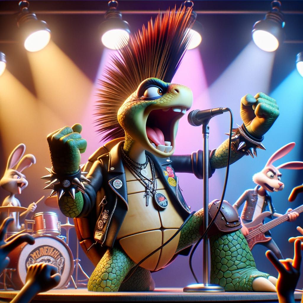 Cartoon Turtle Fronts Punk Band in 3D Animation