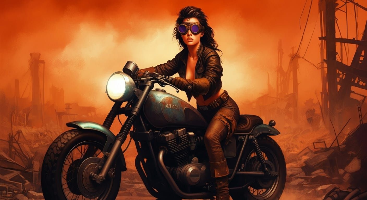 Female Warrior Rides Through Post-Apocalyptic Wasteland