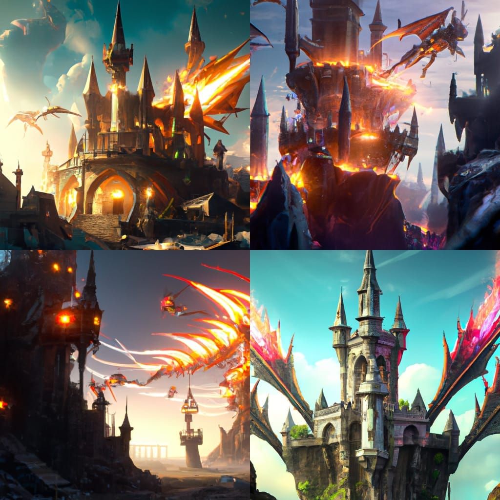 Warring Castle with Fire Arrows in Dark Fantasy Style