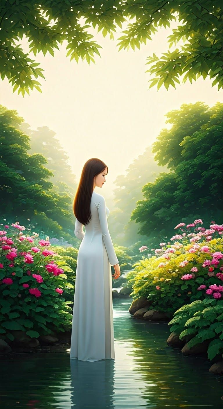 Lady in Traditional Vietnamese Ao Dai Amidst Lush Greenery