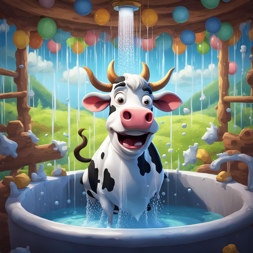 Cartoon Cow Showering: Detailed Matte Painting