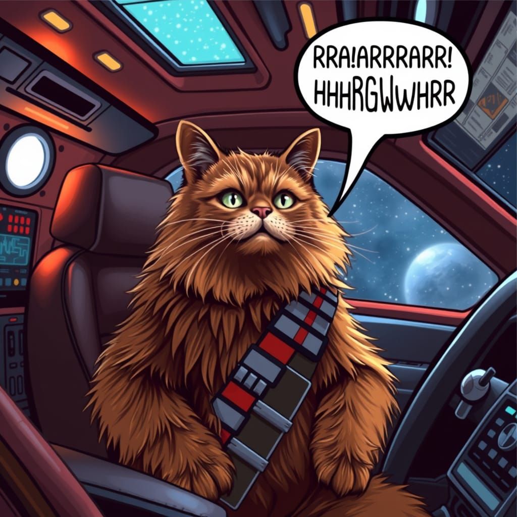 Cosmic Feline Commander in Sci-Fi Space Ship Cabin