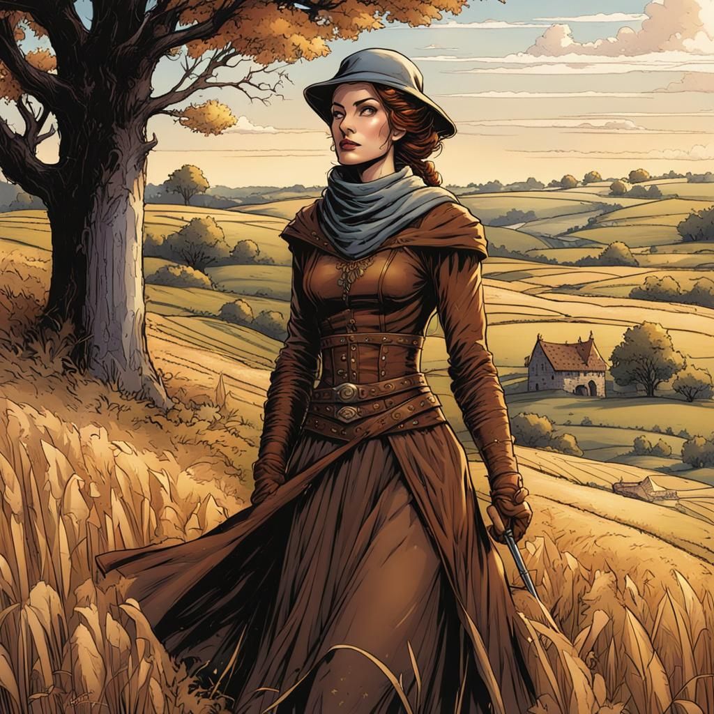 Medieval Lady Traveler in Field, Comic Book Art