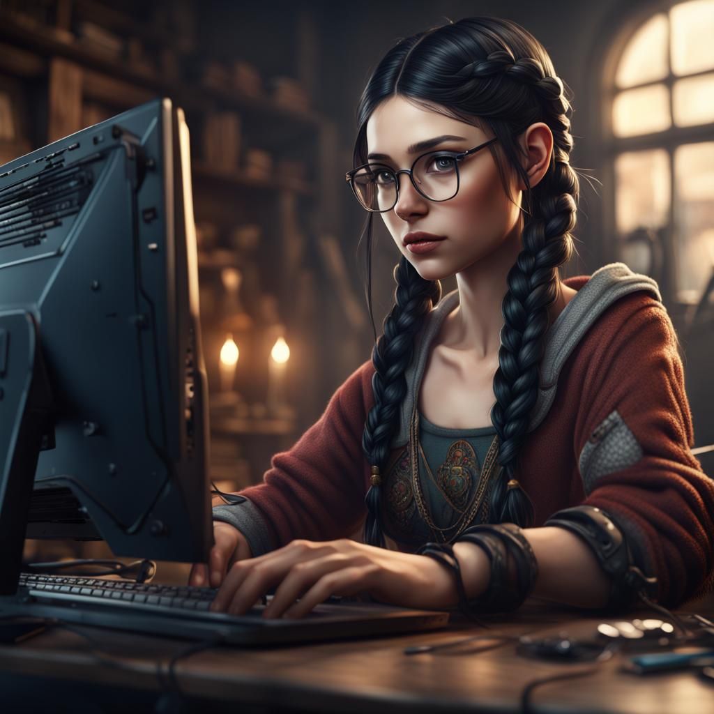 Black-Haired Girl Typing: Fantasy Concept Art