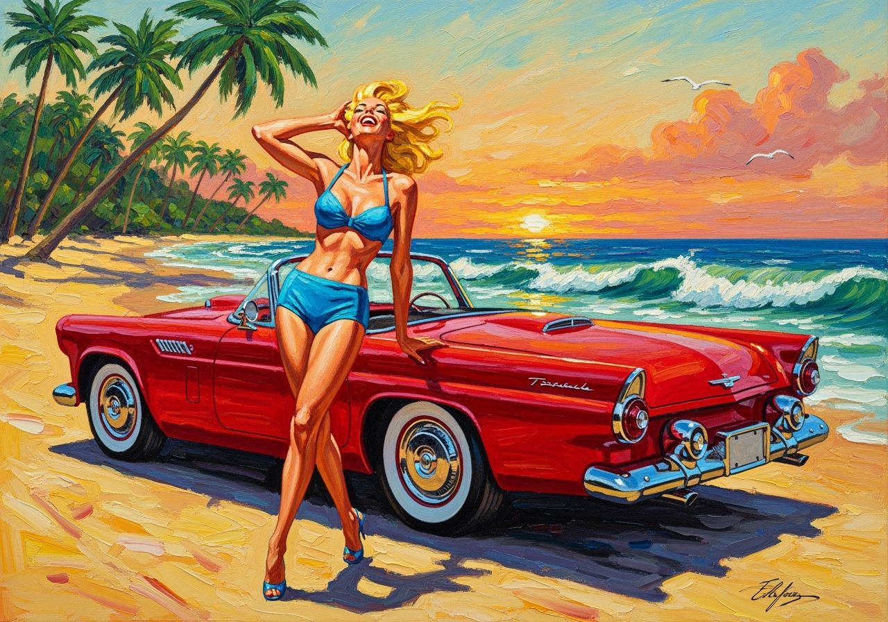 Retro Beach Beauty in Expressionistic Style