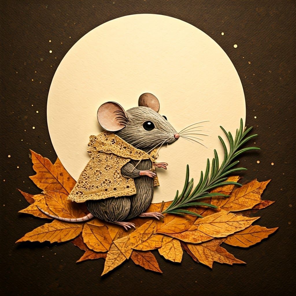Adorable Paper Mouse in Autumn Collage Art
