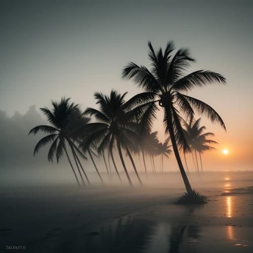 Sunset Palm Trees on Misty Beach: Hyper-Realistic Photograph...