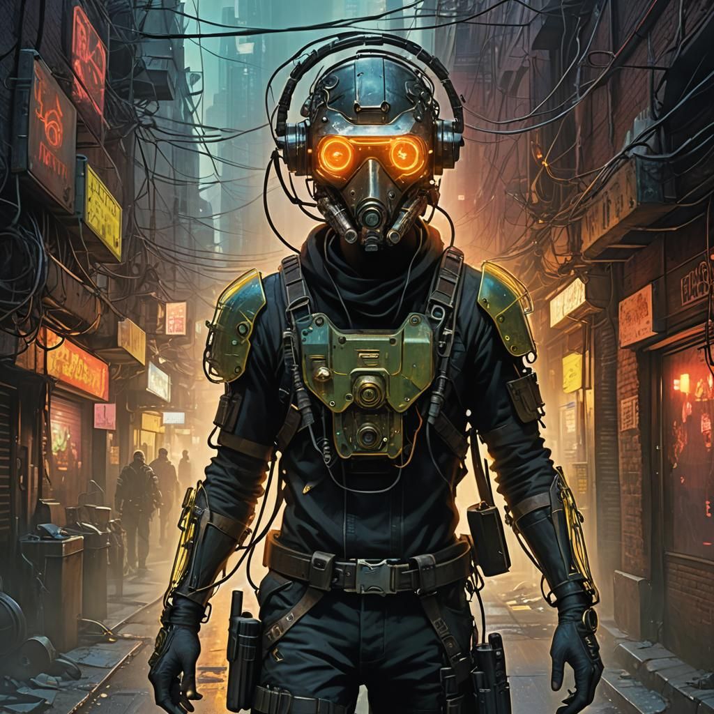Biopunk Vigilante Patrolling Dystopian Alley in Sci-Fi Art