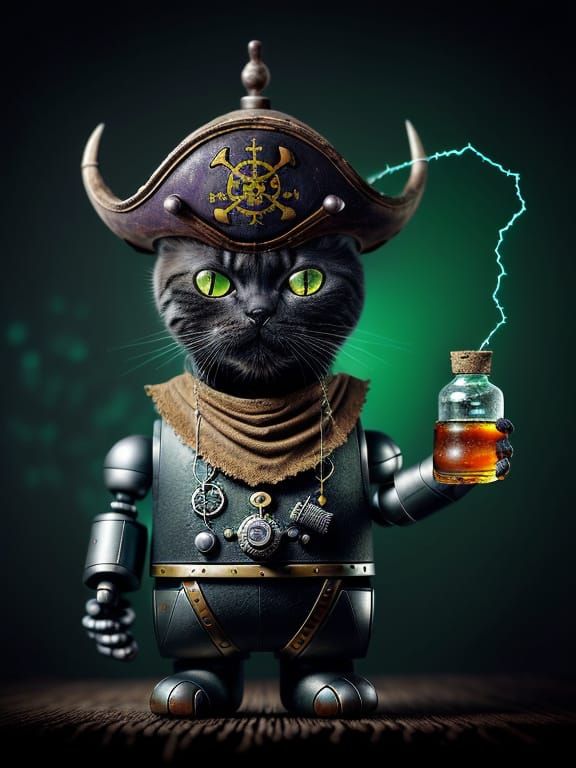 Mechanical Cat-Robot Pirate in Raging Storm, Hyperrealism